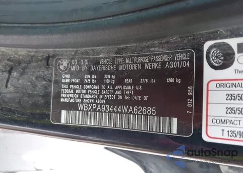 2004 BMW X3 3.0I from USA, damaged, VIN WBXPA93444WA62685